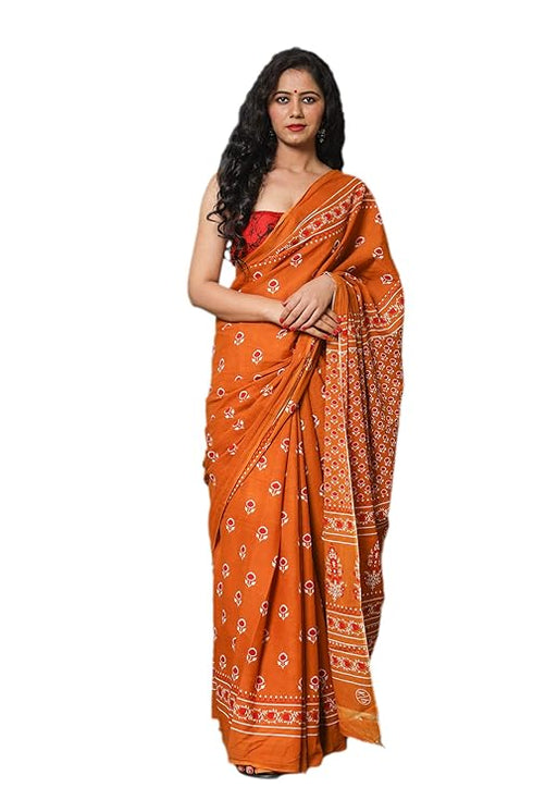 Jalther Handicrafts Women'S Ikat Hand Block Print Jaipuri Cotton Mulmul Saree